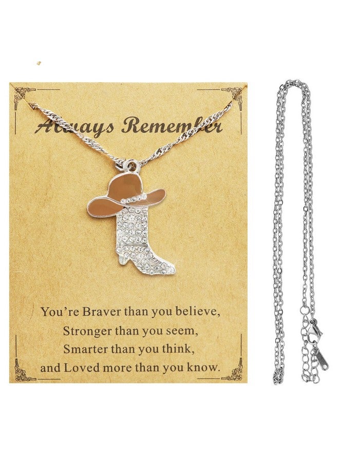 RechicGu Rhinestone Western Boots Pendant Cowgirl Cowboy Necklace With Gift Card, Enamel Hat Bohemian Rodeo Boot Charm Jewelry Gift For Women,Silver Brown Hat… - Image 1
