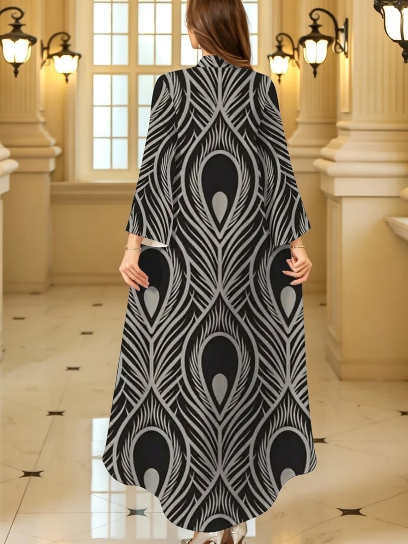 Grey Peacock Feather Print Stand‑Collar Flare Sleeve Long Abaya Dress - Image 4