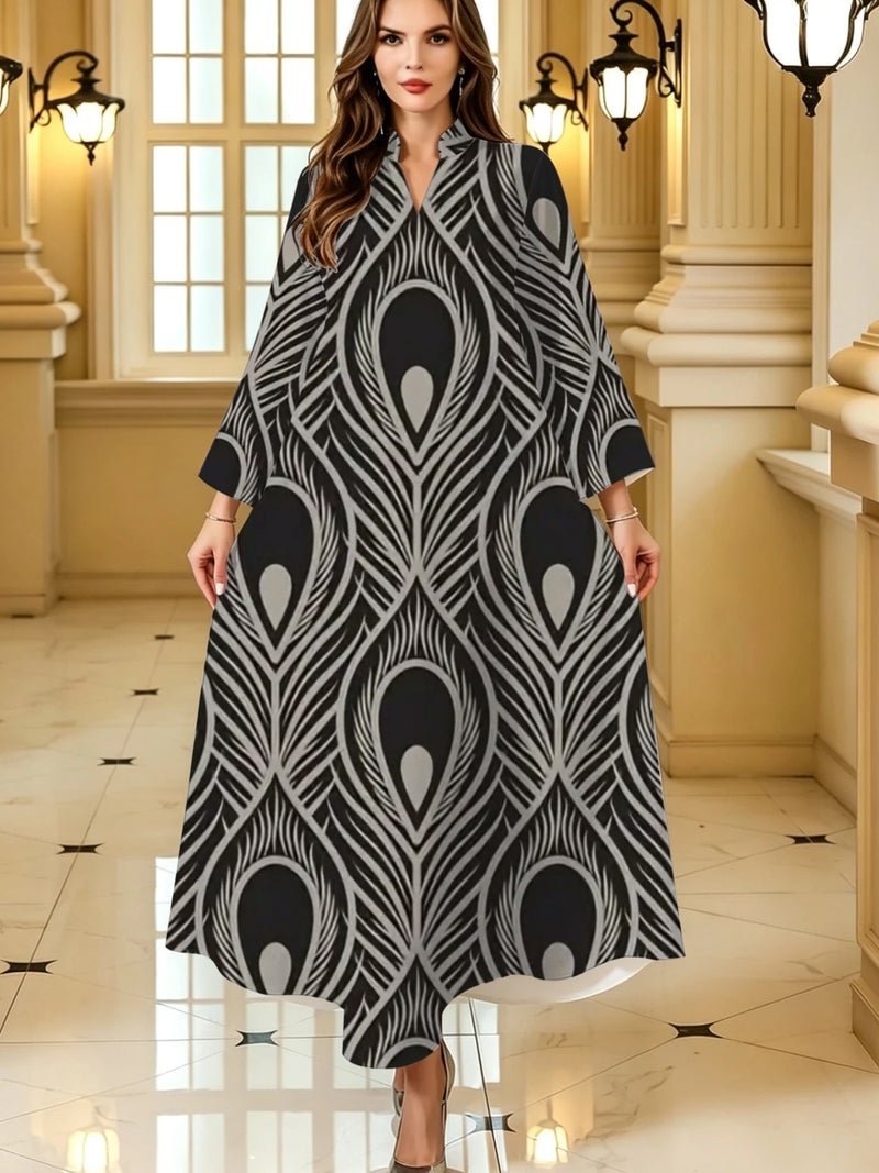 Grey Peacock Feather Print Stand‑Collar Flare Sleeve Long Abaya Dress - Image 1