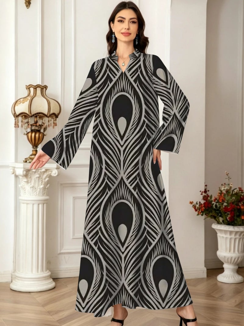 Grey Peacock Feather Print Stand‑Collar Flare Sleeve Long Abaya Dress - Image 2