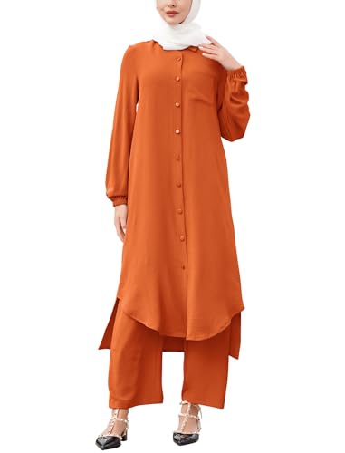 ODIZLI Abaya Dress for Women Abayas Plus Size Long Sleeve Ethnic Shirts Dress TurnDown Collar Shirt Wide Leg Pants Muslim Clothes for Women 2 Piece Set Eid Ramadan Prayer Outfits Kaftan Dresses Orange 4XL - Image 1
