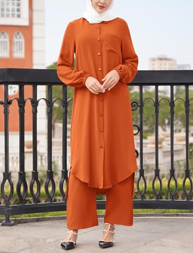 ODIZLI Abaya Dress for Women Abayas Plus Size Long Sleeve Ethnic Shirts Dress TurnDown Collar Shirt Wide Leg Pants Muslim Clothes for Women 2 Piece Set Eid Ramadan Prayer Outfits Kaftan Dresses Orange 4XL - Image 3
