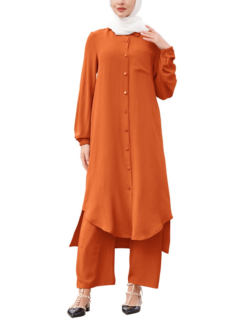ODIZLI Abaya Dress for Women Abayas Plus Size Long Sleeve Ethnic Shirts Dress TurnDown Collar Shirt Wide Leg Pants Muslim Clothes for Women 2 Piece Set Eid Ramadan Prayer Outfits Kaftan Dresses Orange 4XL - Image 2