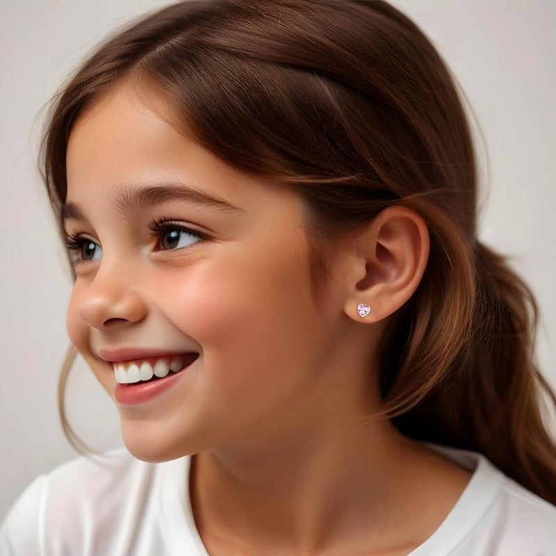 LeCalla أقراط قلب CZ للفتيات من الفضة الإسترلينية 925 | أقراط بيبي مزينة بالروديوم مع علامة BIS | أقراط مزودة ببراغي للأطفال الصغار والمراهقين | أقراط قلب من الزركونيا المكعبة للأطفال - Image 2