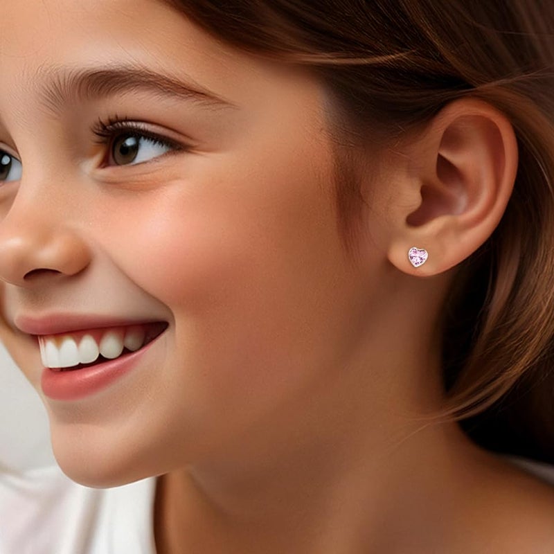 LeCalla أقراط قلب CZ للفتيات من الفضة الإسترلينية 925 | أقراط بيبي مزينة بالروديوم مع علامة BIS | أقراط مزودة ببراغي للأطفال الصغار والمراهقين | أقراط قلب من الزركونيا المكعبة للأطفال - Image 3