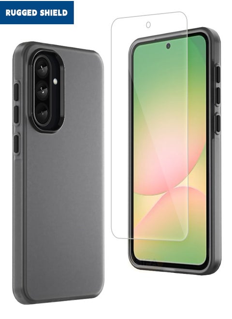 Samsung Galaxy A56 Case with HD Tempered Glass Screen Protector, [Anti-Drop Shockproof][Anti-Slip][No Yellowing] Slim Skin Friendly Frosted Hard Case for Galaxy A56 6.7 inch, Translucent Black