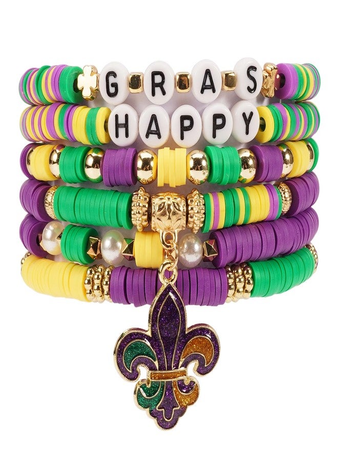 Lonext 6pcs Mardi Gras Beaded Bracelets, Stretch Bracelets, Carnival Celebrations Charm Bracelets - Image 2