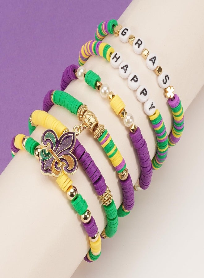 Lonext 6pcs Mardi Gras Beaded Bracelets, Stretch Bracelets, Carnival Celebrations Charm Bracelets - Image 3