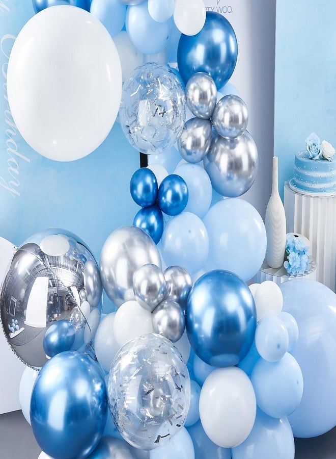 PartyWoo Blue White and Silver Balloon Arch Kit Garland 142pcs Different Sizes of 18 12 10 5 Inch Pastel Metallic Blue White Metallic Silver Confetti Balloons for Baby Shower Party Decorations - Image 3