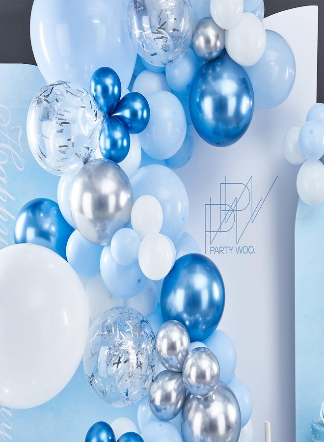 PartyWoo Blue White and Silver Balloon Arch Kit Garland 142pcs Different Sizes of 18 12 10 5 Inch Pastel Metallic Blue White Metallic Silver Confetti Balloons for Baby Shower Party Decorations - Image 4