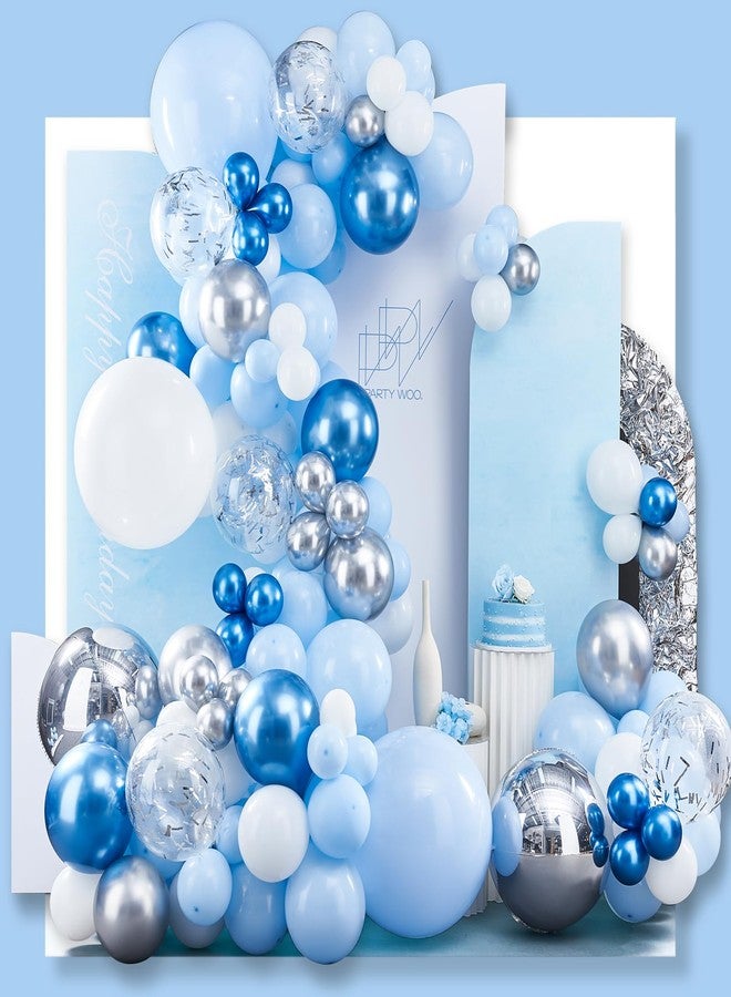 PartyWoo Blue White and Silver Balloon Arch Kit Garland 142pcs Different Sizes of 18 12 10 5 Inch Pastel Metallic Blue White Metallic Silver Confetti Balloons for Baby Shower Party Decorations - Image 1
