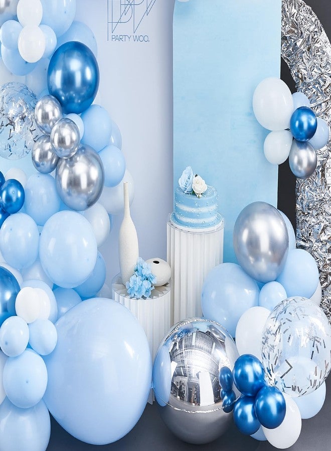 PartyWoo Blue White and Silver Balloon Arch Kit Garland 142pcs Different Sizes of 18 12 10 5 Inch Pastel Metallic Blue White Metallic Silver Confetti Balloons for Baby Shower Party Decorations - Image 5