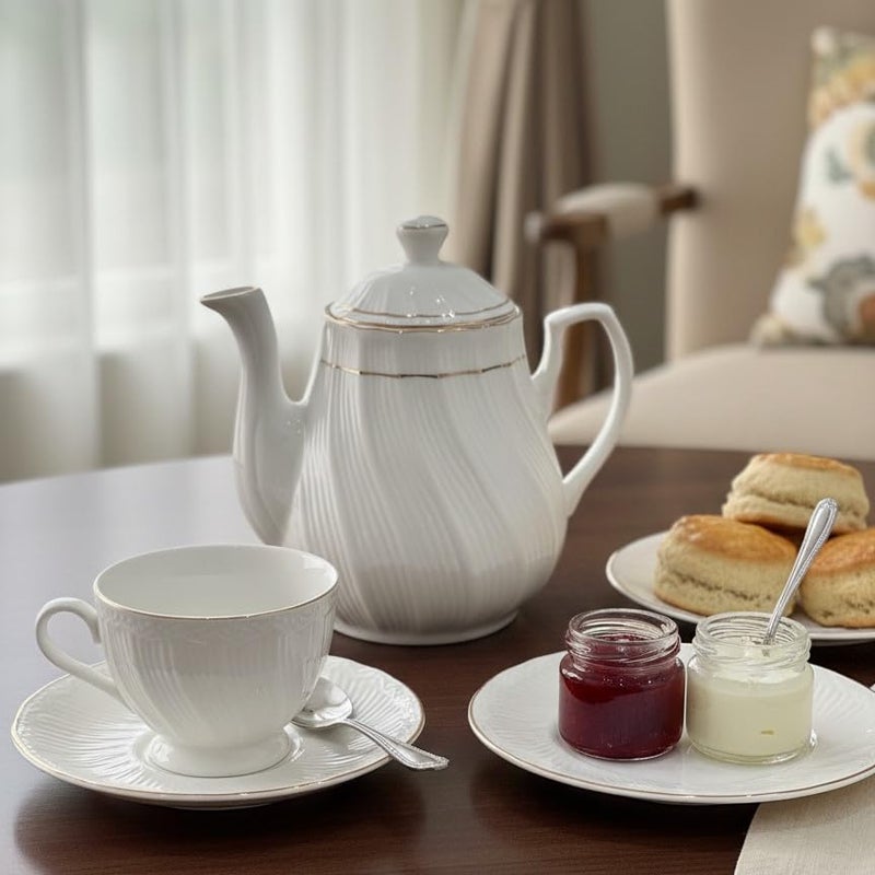 Femora Luxury Fluted/Swirl Bone China Teapot - Classic White & Gold Trim Tea Kettle - Ideal for Tea Parties & Gifts - Image 2