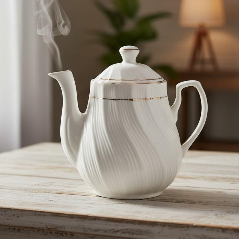 Femora Luxury Fluted/Swirl Bone China Teapot - Classic White & Gold Trim Tea Kettle - Ideal for Tea Parties & Gifts - Image 1