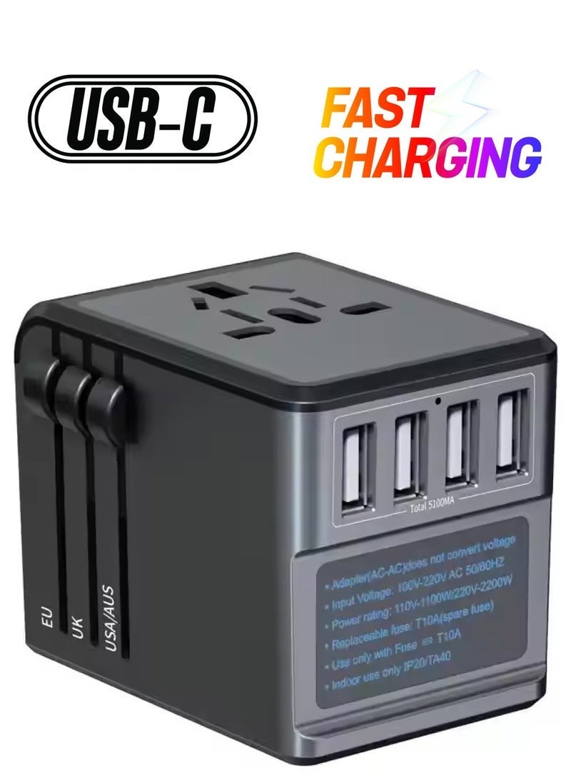 REBENUO محول السفر العالمي RCP262 – 4 منافذ USB فائقة السرعة، مقبس طاقة نوع C، متوافق مع مقابس المملكة المتحدة، الاتحاد الأوروبي، الولايات المتحدة، أستراليا، شحن عالمي، مدمج وخفيف الوزن، شحن سريع للهواتف، أجهزة الكمبيوتر المحمولة، الأجهزة اللوحية، والمزيد - Image 1