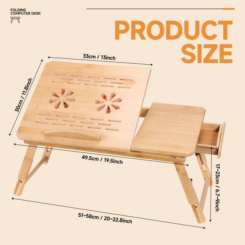 JELNER Adjustable Bamboo Laptop Desk with Cooling Fan, Foldable Bed Tray for Breakfast, Writing, and Drawing, with Tilting Top and Drawer, Portable Lap Desk for Bed, Sofa, and Floor. - Image 2