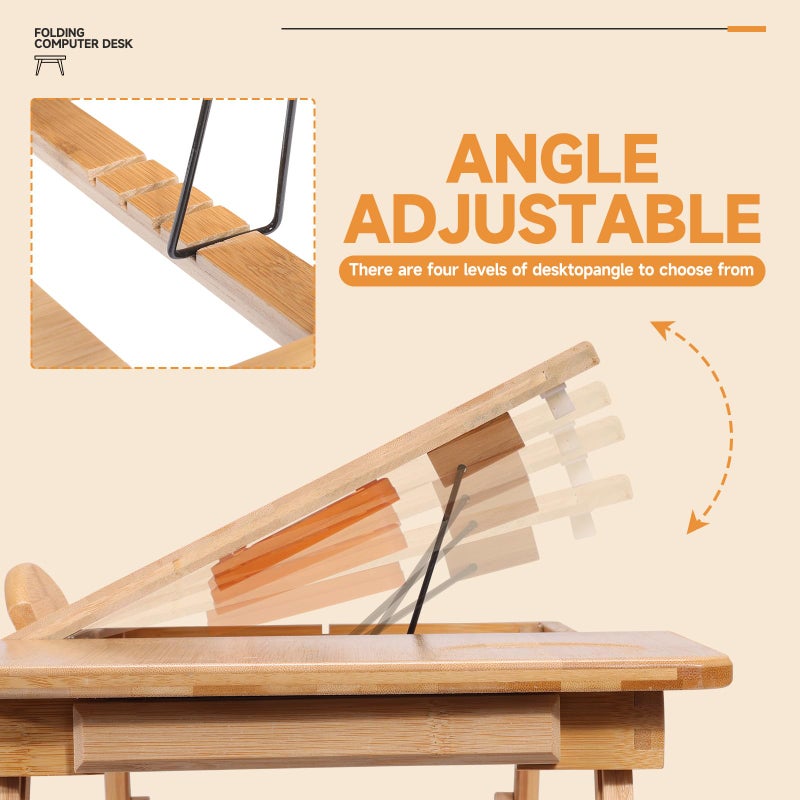 JELNER Adjustable Bamboo Laptop Desk with Cooling Fan, Foldable Bed Tray for Breakfast, Writing, and Drawing, with Tilting Top and Drawer, Portable Lap Desk for Bed, Sofa, and Floor. - Image 4
