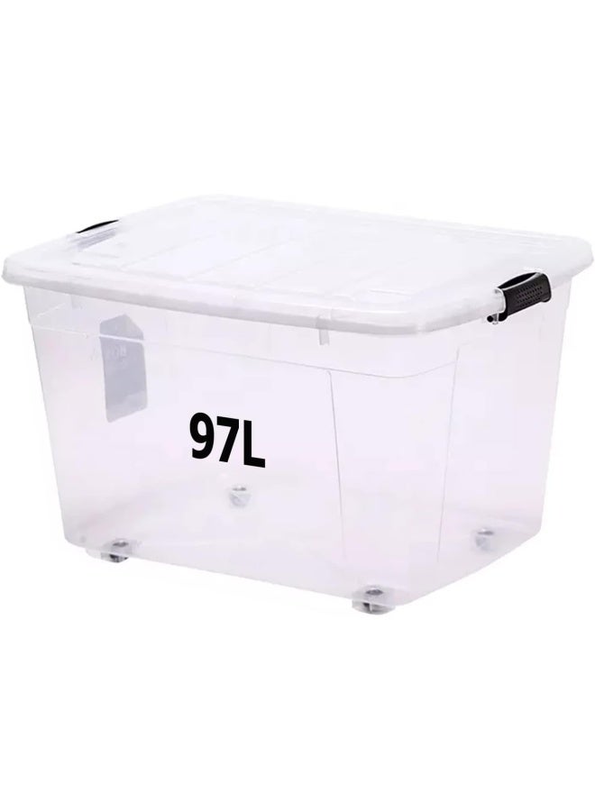 Premify صندوق تخزين سعة 97 لترًا مع غطاء قابل للقفل وعجلات | منظم بلاستيكي شفاف | صندوق شفاف لتخزين الملابس والألعاب والأدوات والأدوية ولوازم المكتب/المطبخ والمستندات والفنون والحرف اليدوية - Image 1
