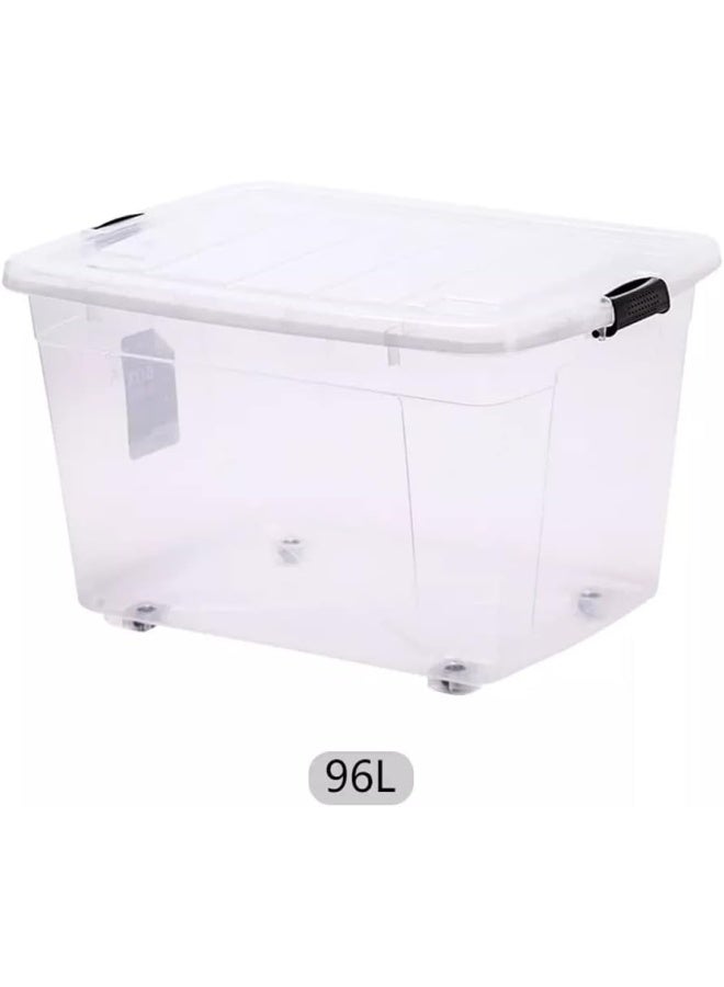 Premify صندوق تخزين سعة 97 لترًا مع غطاء قابل للقفل وعجلات | منظم بلاستيكي شفاف | صندوق شفاف لتخزين الملابس والألعاب والأدوات والأدوية ولوازم المكتب/المطبخ والمستندات والفنون والحرف اليدوية - Image 5