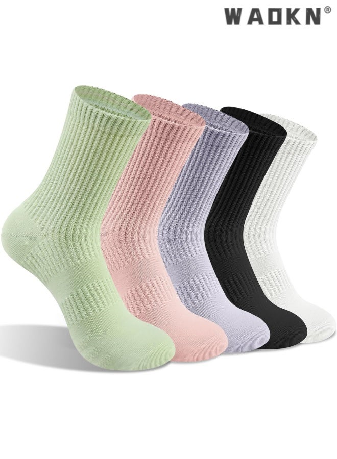 WAOKN 5 Pairs Women's Lightweight Cotton middle Crew Socks,Hand-Linked Toe,Durable, Breathable, High Stretch, soft and comfortable ,Antibacterial, sweat absorbing, odor proof, and friction resistant , pink , purple,green, white ,black . - Image 1