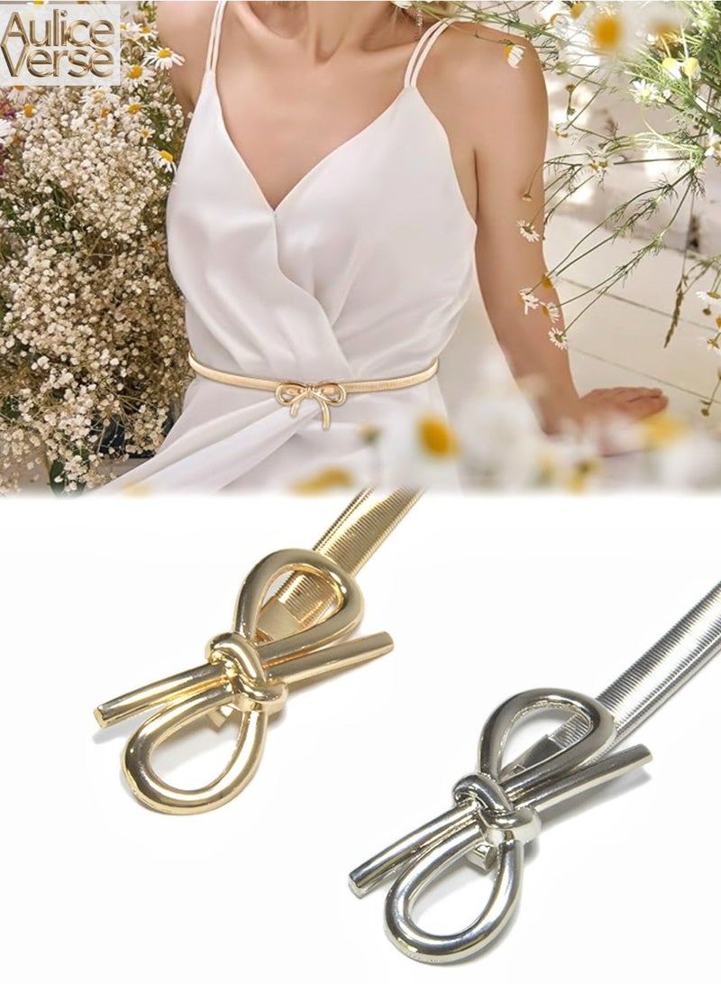 AuliceVerse 2-Pack Retro Vintage Gold & Silver Metal Bow Knot Stretch Elastic Waist Belt Set - Adjustable Skinny Fashion Accessory for Women, Perfect for Dresses, Jeans & Skirts - Image 1