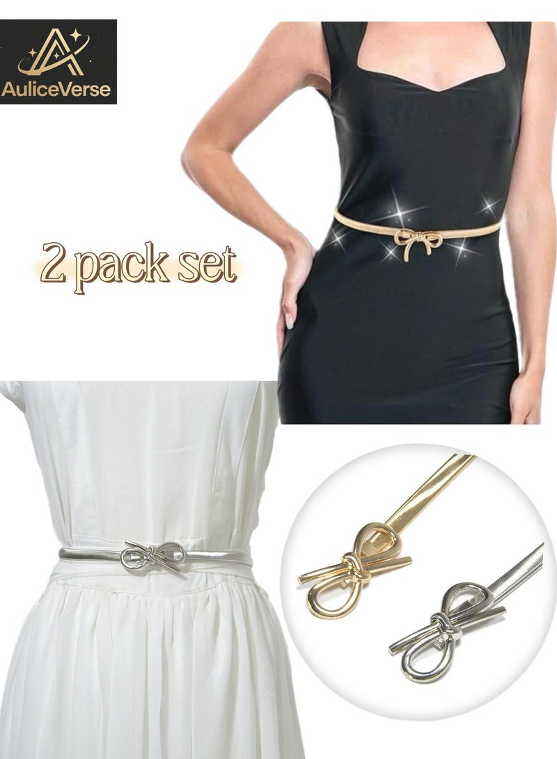AuliceVerse 2-Pack Retro Vintage Gold & Silver Metal Bow Knot Stretch Elastic Waist Belt Set - Adjustable Skinny Fashion Accessory for Women, Perfect for Dresses, Jeans & Skirts - Image 3