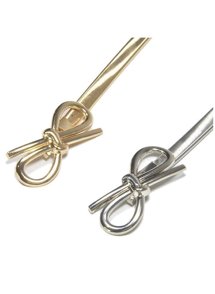 AuliceVerse 2-Pack Retro Vintage Gold & Silver Metal Bow Knot Stretch Elastic Waist Belt Set - Adjustable Skinny Fashion Accessory for Women, Perfect for Dresses, Jeans & Skirts - Image 2