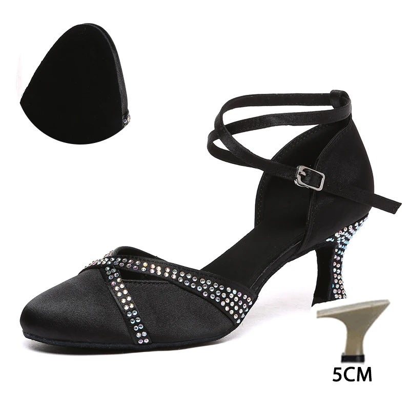 Women's Glitter Satin Ballroom Latin Dance Shoes with Cuban Heel, Zip Closure, Closed Toe, Indoor Soft Sole