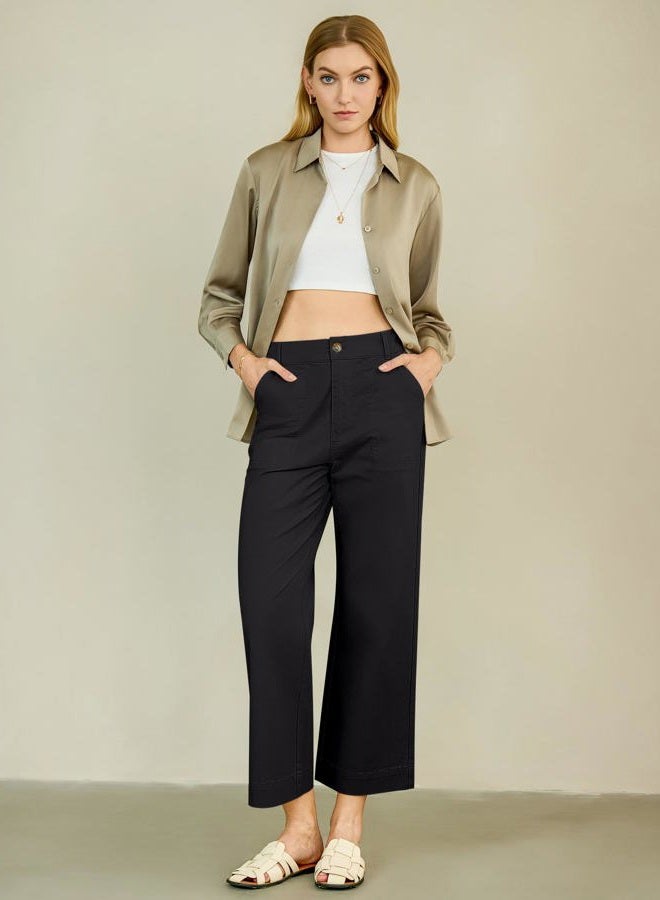 Eddoyee Wide Leg Cropped Pants for Women - High Waisted Dressy Stretchy Straight Work Pants Casual Trousers with Pockets, Black, XL - Image 3