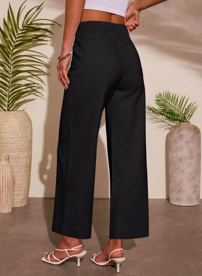 Eddoyee Wide Leg Cropped Pants for Women - High Waisted Dressy Stretchy Straight Work Pants Casual Trousers with Pockets, Black, XL - Image 2