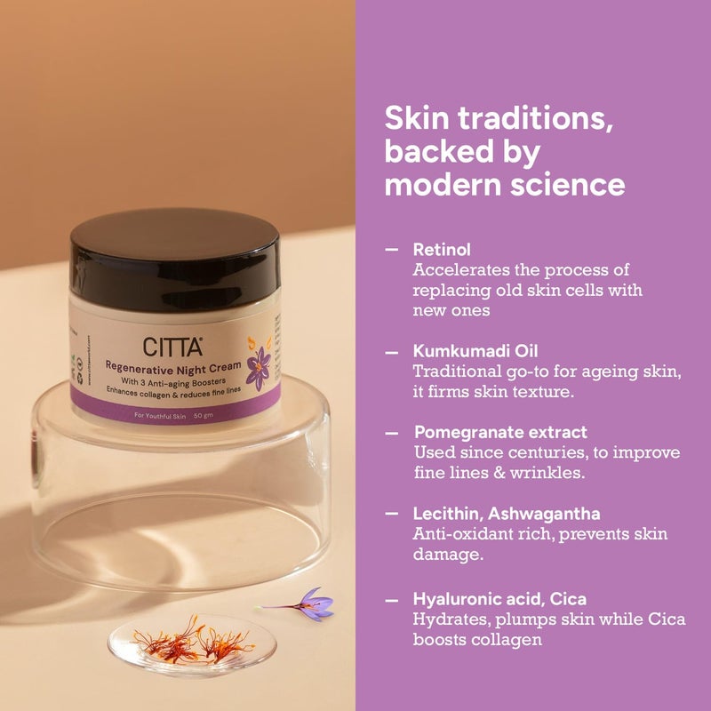 CITTA Regenerative Night Cream  Retinol AntiAging Cream with Kumkumadi  Ashwagandha for All Skin Types  Wrinkle Corrector for Aging Skin  For Men  Women  50 gm - Image 3