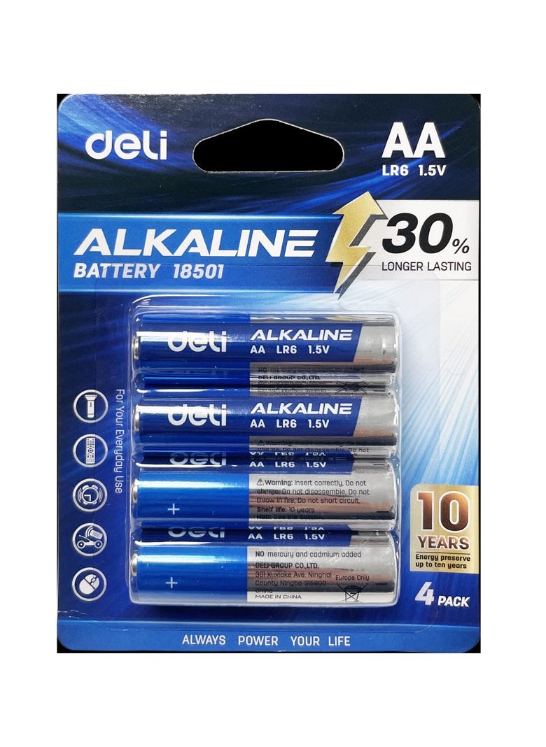 Deli Deli Alkaline AA Batteries - Pack of 4, 30% Longer Lasting, Energy Preserving, E18501  - Image 1