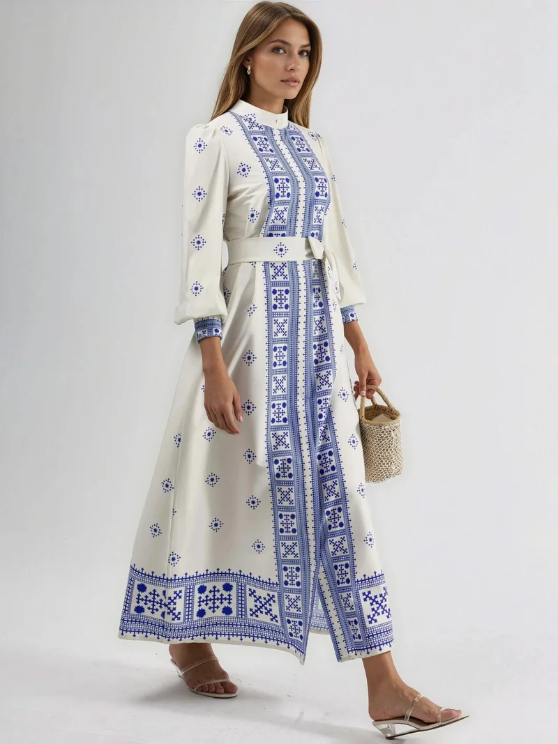 جينيفر Mandarin Collar Geometric Paneled Maxi Dress