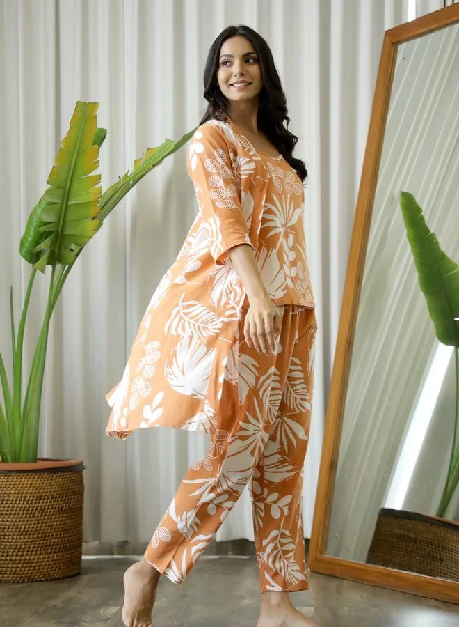 sanskrutihomes Sanskrutihomes Women Tropical Printed Pure Cotton Top, Shrug and Pyjama Set