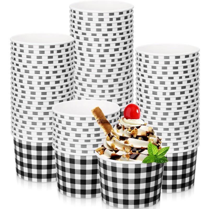 Sieral 9 oz Ice Cream Paper Cup Bowl Disposable Gingham Picnic Dessert Buffalo Plaid Snack Checkered Paper Cups Bulk Hot Cold Food Kitchen Holiday Dinner Party FavorsBlack50 Pack