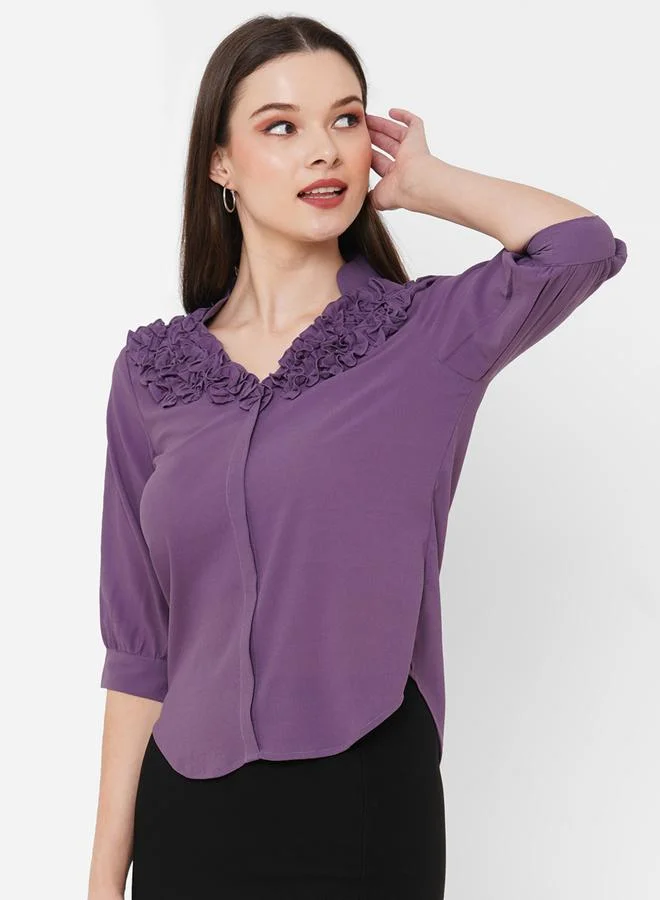 Mish Regular Fit V-Neck Ruffle Detail Shirt