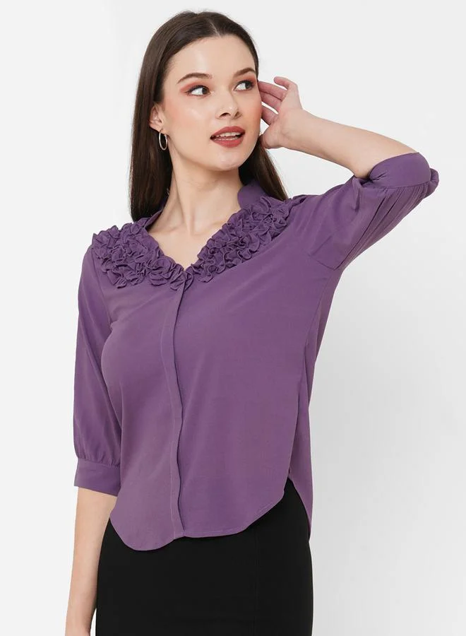 Mish  Regular Fit V-Neck Ruffle Detail Shirt for Women | Best Price UAE