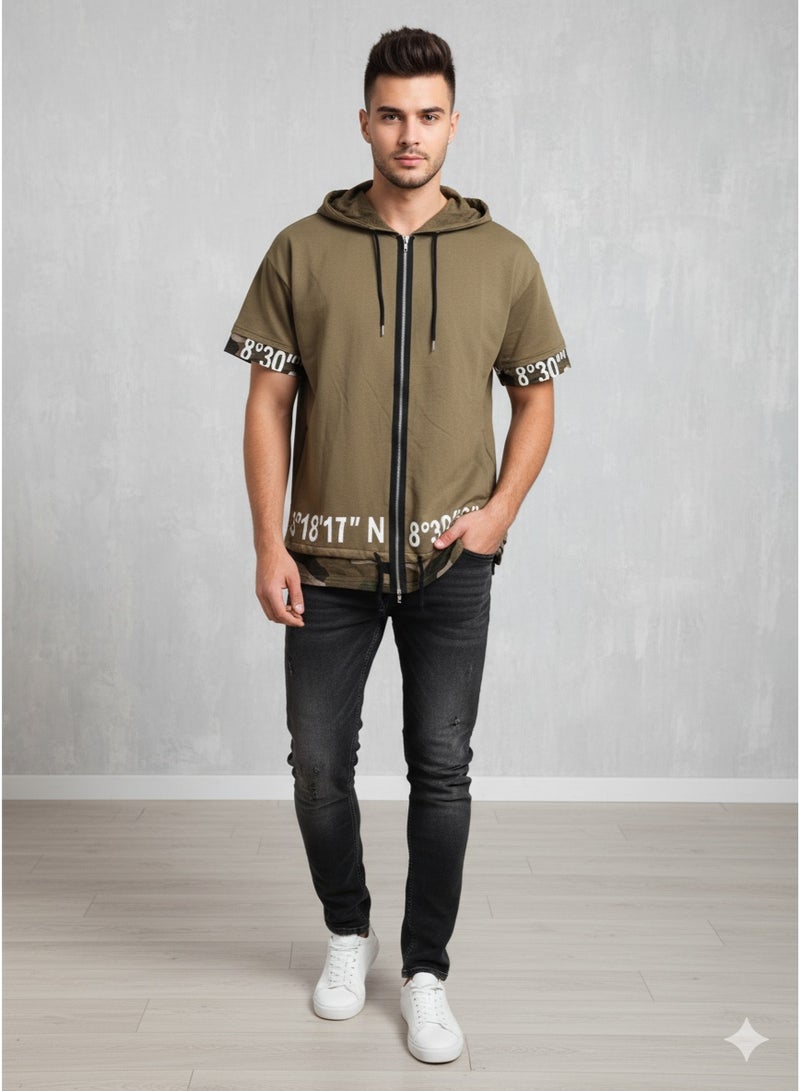 Men zipped hoodie olive jacket with camouflage parts