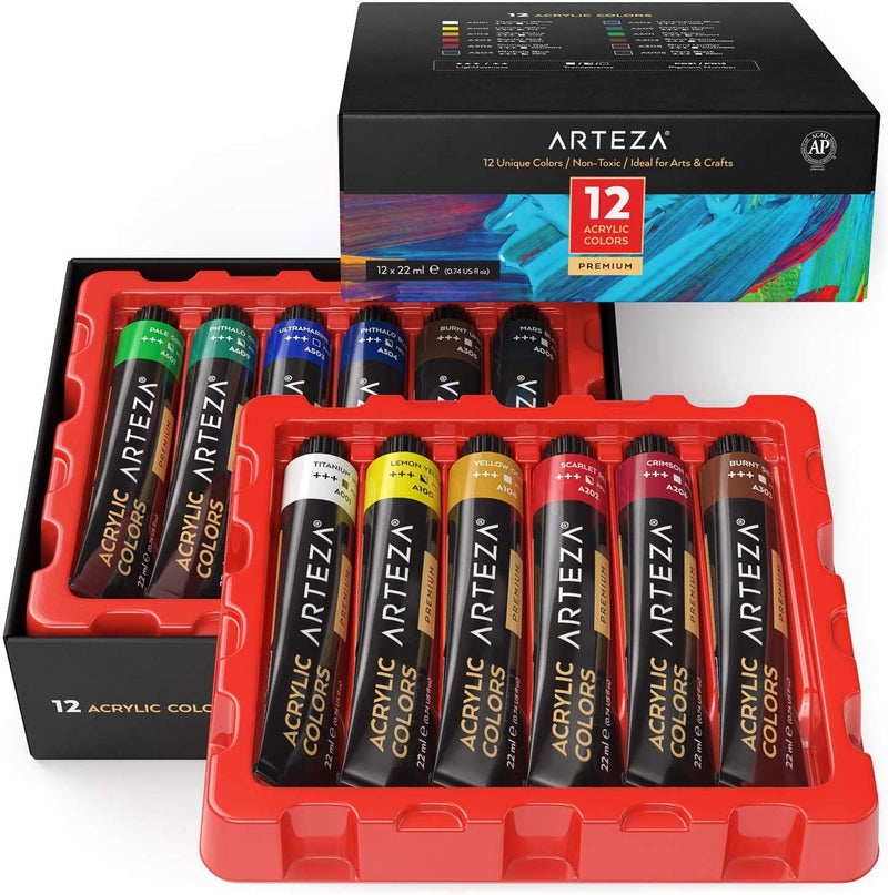 ARTEZA Acrylic Paint Set of 12 Colors 074 Ounces Tubes Acrylic Artist Paints Art Supplies for Painting