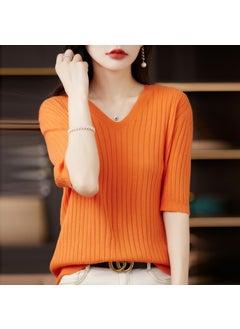 Generic Slim Fit V-Neck Knitwear Short Sleeve Womens Base Shirt Geometric Pattern Regular Sleeve Mid-Thick Three-Dimensional Pattern Love Horse Orange 
