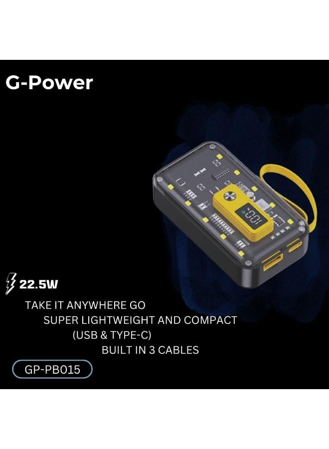 جي باور باور بانك G-Power GP-PB015 بإضاءة LED شفافة، سعة 10000 مللي أمبير، منفذان (USB وType-C)، مزود بثلاثة كابلات مدمجة، شحن سريع 22.5 واط، لون أسود - Image 2