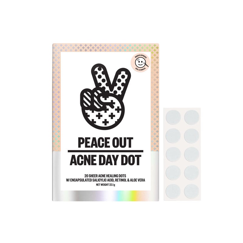 PEACE OUT Acne Day Dot, Sheer Acne Healing Dots, Virtually Invisible Wear, Hydrocolloid Pimple Patches Helps Clear Blemishes Quickly with Encapsulated Salicylic Acid, Retinol & Aloe Vera, 20 dots - Image 1