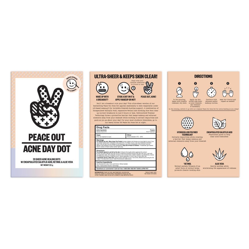PEACE OUT Acne Day Dot, Sheer Acne Healing Dots, Virtually Invisible Wear, Hydrocolloid Pimple Patches Helps Clear Blemishes Quickly with Encapsulated Salicylic Acid, Retinol & Aloe Vera, 20 dots - Image 2