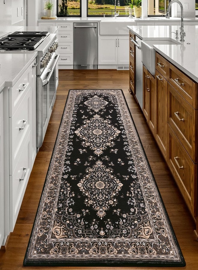 HOMORE Vintage Tribal Runner Rug-2x6 Hallway Runner Rug for Entryway Non Slip Washable Bedroom Rug Faux Wool Low Pile Floor Carpet Runner for Kitchen Indoor Front Entrance Laundry, Black - Image 1