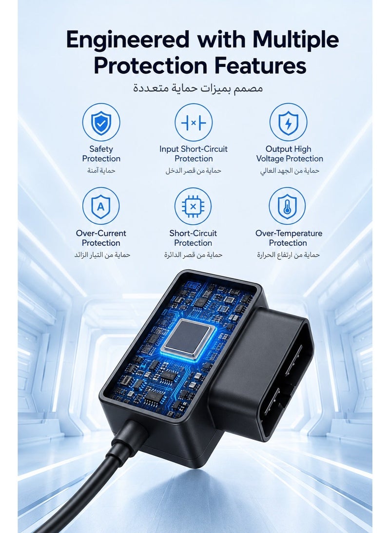 أزدوم طقم توصيل كاميرا السيارة Type-C عبر منفذ OBD OBD01، كابل طاقة 11 قدم 12/24V إلى 5V/2.5A، تركيب بدون قص أسلاك، وضع الركن وحماية انخفاض الجهد - Image 3