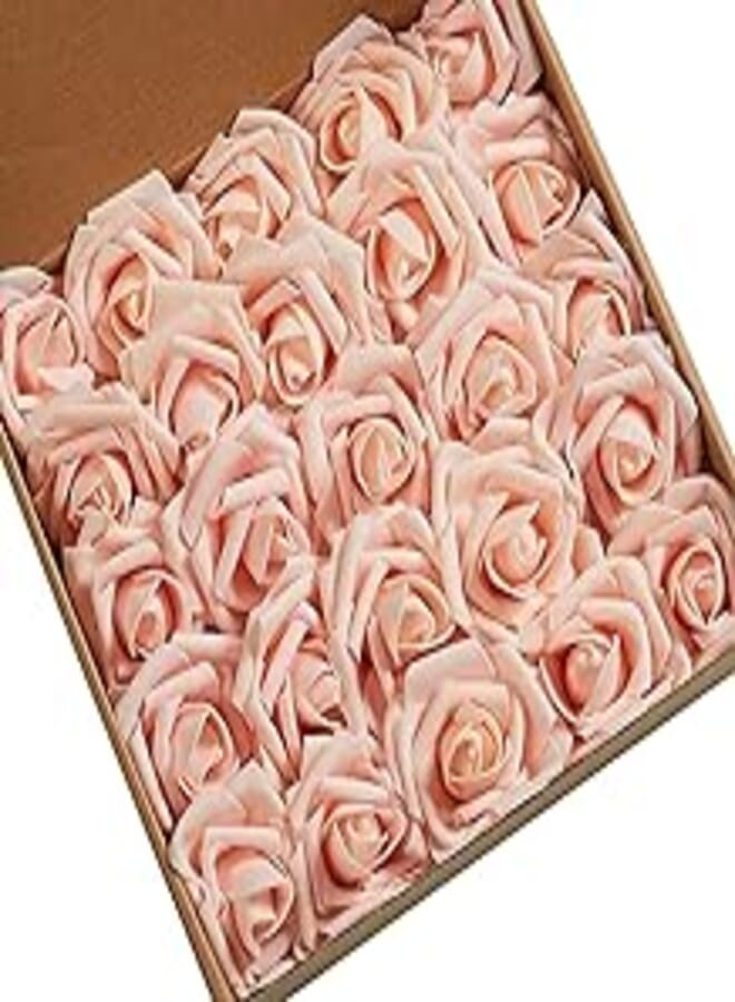 Rose Artificial Flowers, 25pcs Real Touch Fake Foam Roses DIY for Wedding Bridal Bouquets, Valentine's Day, Mother's Day, Baby Shower, Home Decoration, Leaves Rose Petals Blush