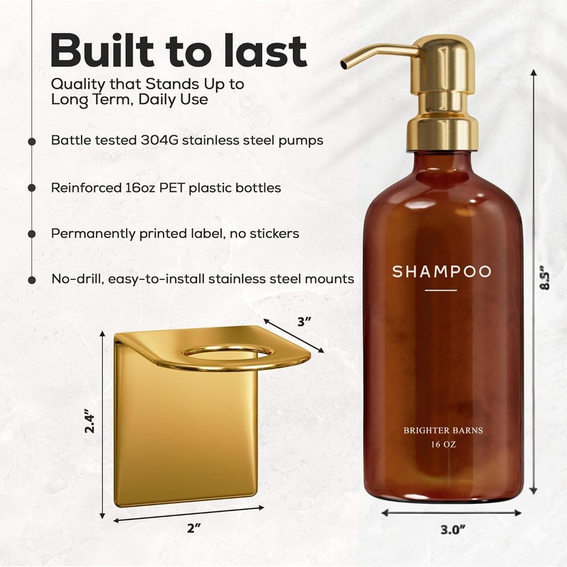 Brighter Barns Luxury Shampoo and Conditioner Dispenser Set Wall Mounted by - Plastic Shower Dispenser Set - 3 Chamber Drill Free Shampoo Bottle - Modern Bathroom Decor for Guest Bathroom (Amber Gold) - Image 3