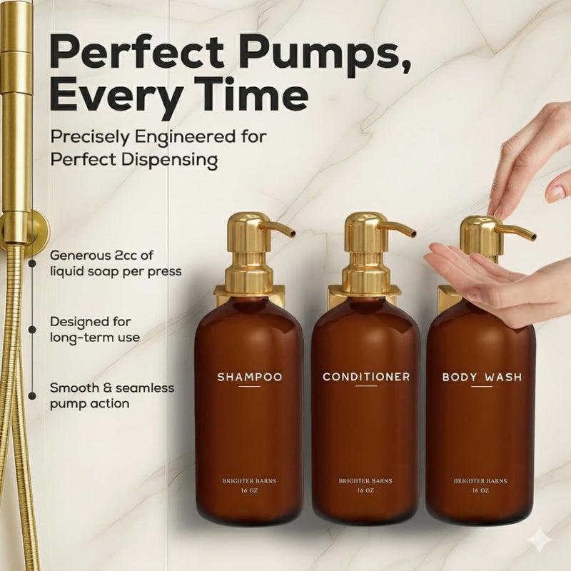 Brighter Barns Luxury Shampoo and Conditioner Dispenser Set Wall Mounted by - Plastic Shower Dispenser Set - 3 Chamber Drill Free Shampoo Bottle - Modern Bathroom Decor for Guest Bathroom (Amber Gold) - Image 4