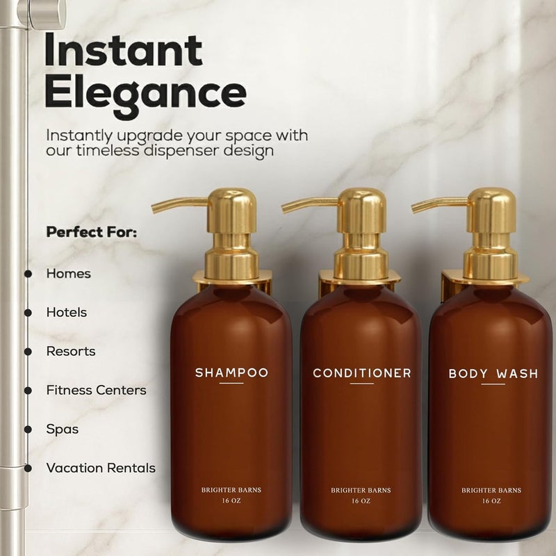 Brighter Barns Luxury Shampoo and Conditioner Dispenser Set Wall Mounted by - Plastic Shower Dispenser Set - 3 Chamber Drill Free Shampoo Bottle - Modern Bathroom Decor for Guest Bathroom (Amber Gold) - Image 2