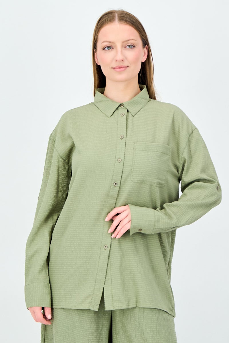 ANNE KLEIN Women 2 Pieces Pointed Collar Long Sleeve Textured Shirt And Palazzo Pants Set, Light Green - Image 3